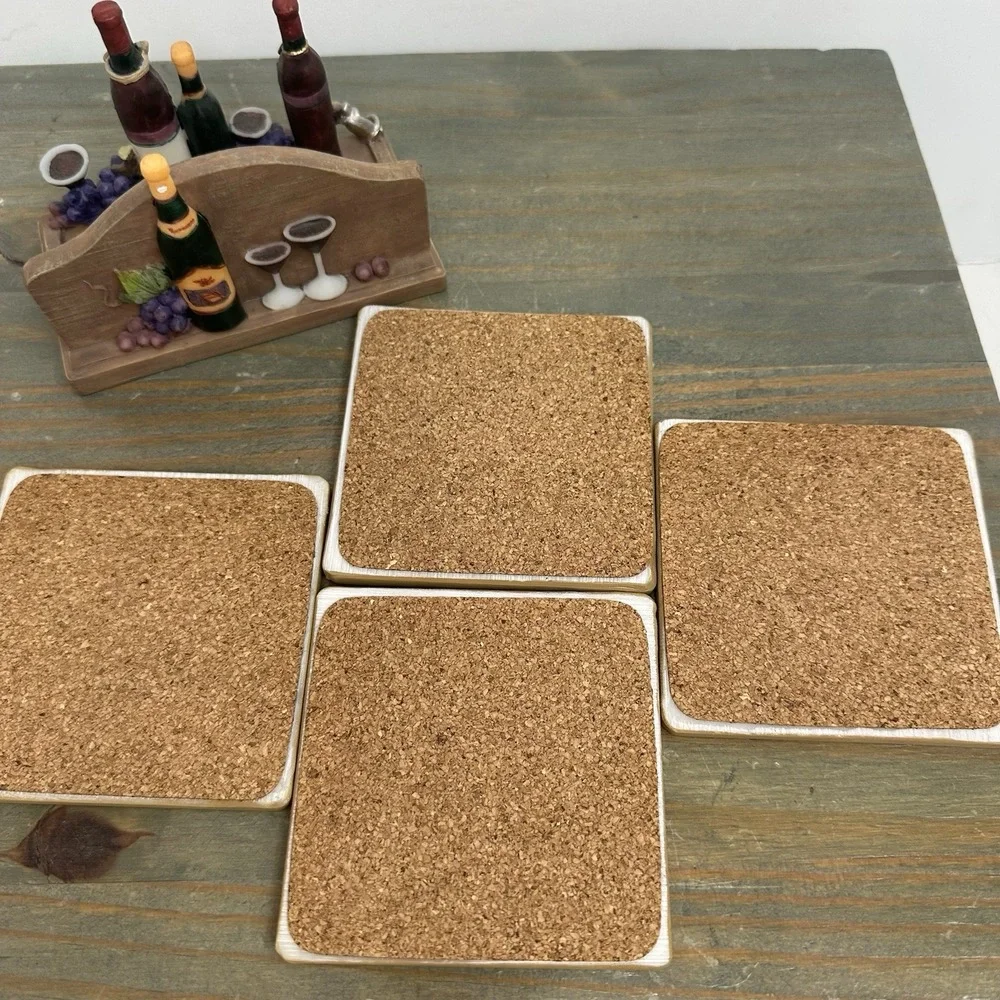3D Wine Theme Set Of 4 Coasters Resin Holder Grape Vineyard Cork Backing